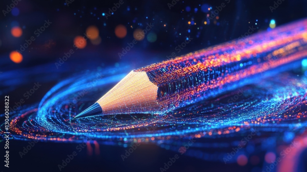 Poster floating 3d pencil icon, drawing dynamic curved lines that transform into code symbols