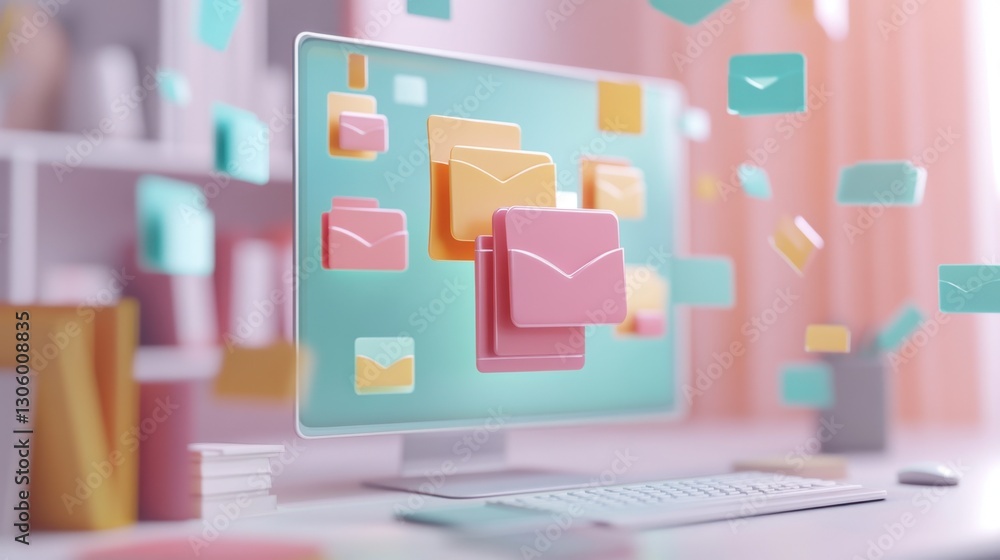 Poster floating digital folder icons forming a structured hierarchy on a computer screen, 3d effect