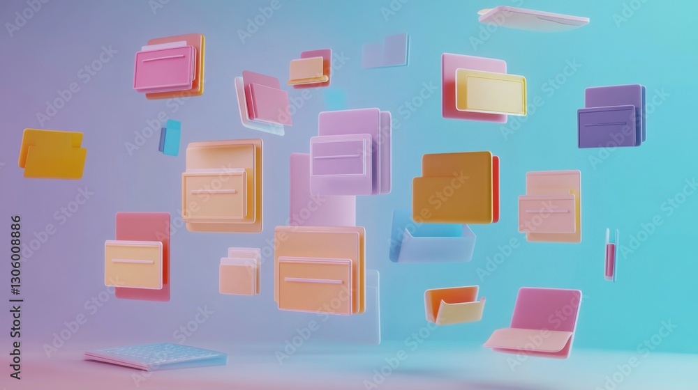 Poster floating digital folder icons forming a structured hierarchy on a computer screen, 3d effect