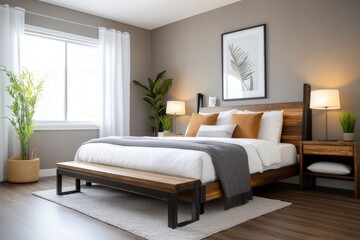 Cozy Modern Bedroom with Natural Elements and Stylish Decor Featuring Wood Furniture and Soft Textiles