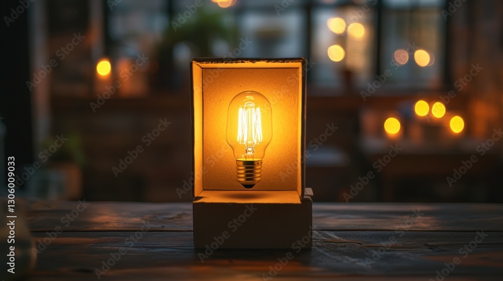 Poster floating filament light bulb illuminating from inside a small cardboard box