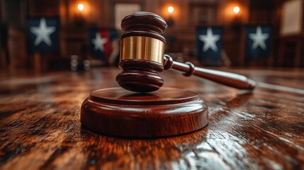 Gavel rests on table in courtroom with flags in the background