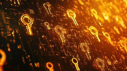 Floating key symbols within a digital matrix, abstract password encryption background.
