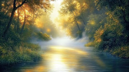 Enchanted River Through Foggy Forest