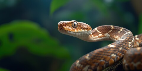 Obraz premium This striking close-up of a snake resting on lush foliage captures the essence of nature's predators and their graceful forms in the wild.