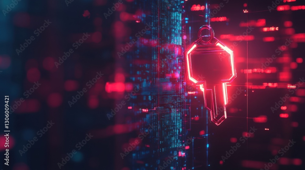 Poster floating security key icon with a digital lock in the background, cybersecurity theme