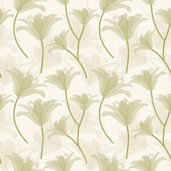 Seamless Pattern Watercolor Soft Green Lilies Flower. Watercolor Lily Floral Illustration. Botanical Mist Watercolor Repeat Flower Background.