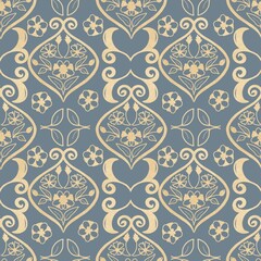 Seamless Pattern Golden Heritage Ornament Royal Motif. Floral Gold Damask Repeat Pattern Illustration. Royal Elegant Classic filigree Dusty Blue Background Wallpaper.