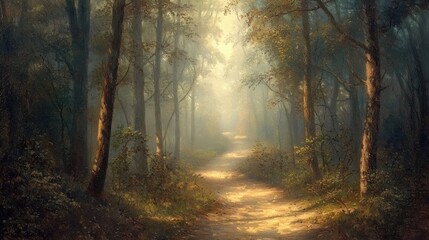 Obraz premium Magical Foggy Pathway in Ancient Forest