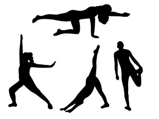Fototapeta premium Silhouette yoga stretching pose person. Woman people practicing yoga silhouettes. Stretching meditation fitness exercise illustration.