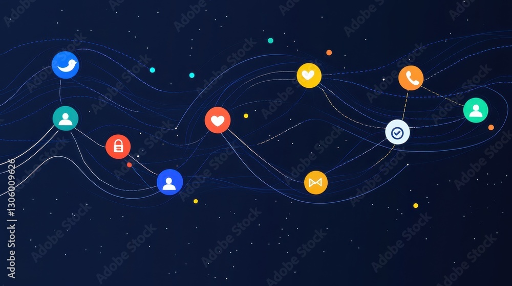 Poster floating user profile icons interconnected by pulsing lines, visualizing the concept of social media