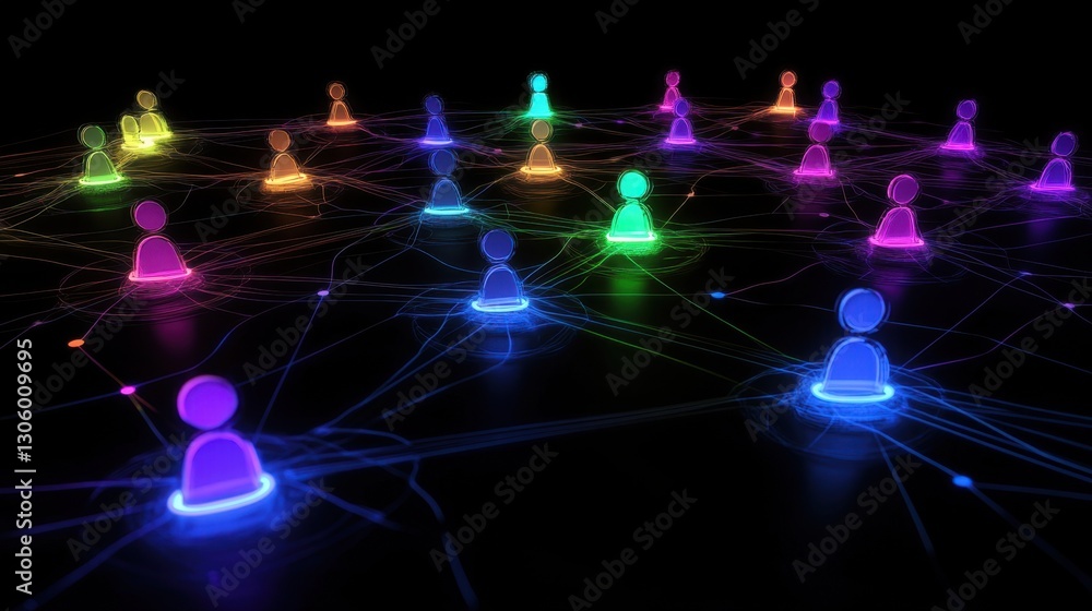 Poster floating user profile icons interconnected by pulsing lines, visualizing the concept of social media