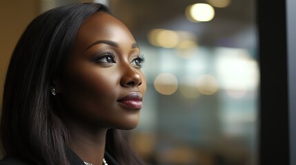 Obraz premium African businesswoman exuding confidence and professionalism in a modern workplace setting. 