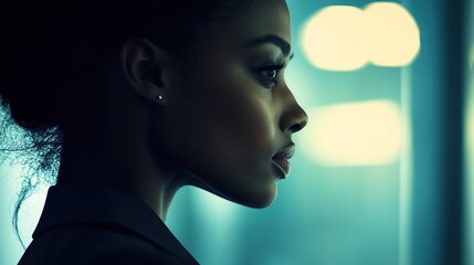African businesswoman exuding confidence and professionalism in a modern workplace setting.
