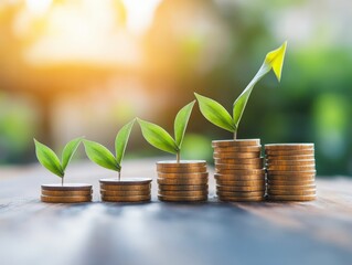 Growth of Plants on Stacks of Coins Symbolizing Financial Success