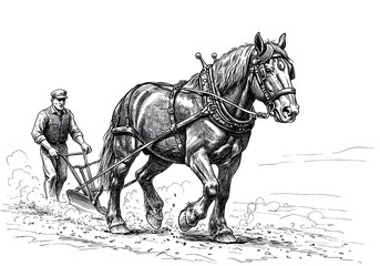 Horse Plowing Field with Farmer Hand Drawn Illustration in Black and White