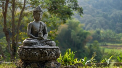 Serene Buddha statue in lush greenery