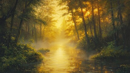 Obraz premium Sunrise Over Foggy Forest River