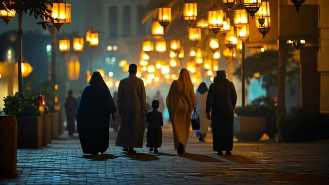 Night Walk: Family Stroll Under Golden Arabian Lights