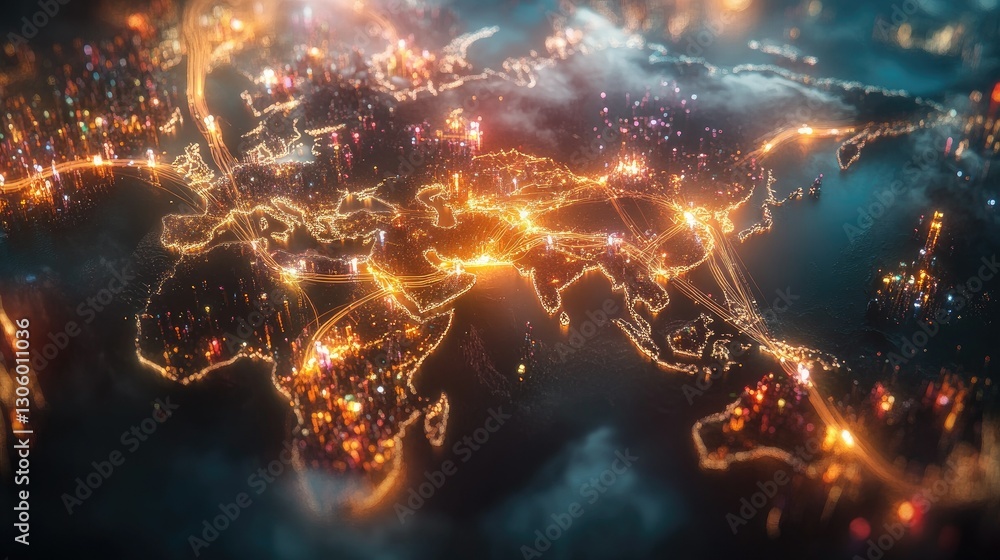 Poster a digital rendering of a global logistics map with illuminated paths connecting key locations, showc
