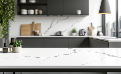Marble table top with a blurred white kitchen interior background for product display montage