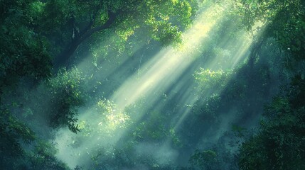 Magical Foggy Forest with Morning Rays