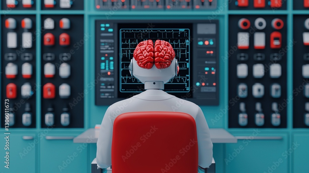 Poster medical challenges diagnosis concepts. artificial intelligence with a brain observing digital contro
