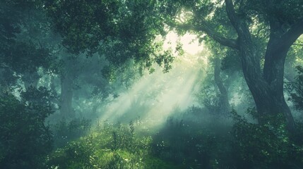 Sunrise Glow in Foggy Mystical Forest
