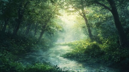 Mystical Forest Stream in Morning Fog
