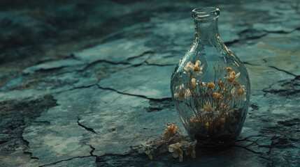 A shattered glass bottle with dried flowers still inside, resting on a rough, cracked surface
