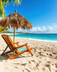 A serene beach scene featuring a wooden lounge chair under a thatched umbrella, with turquoise waters and white sand in a sunny atmosphere.