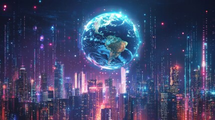Futuristic city skyline with neon holograms and a transparent glowing Earth hovering above
