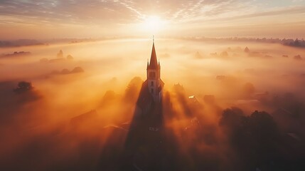 Naklejka premium Sunrise Mist Envelops Church