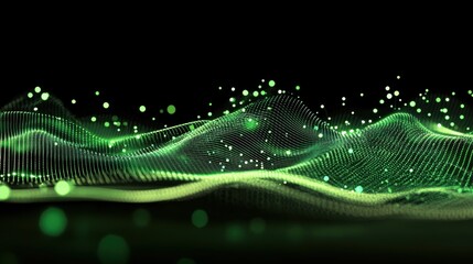Futuristic data visualization with green glowing connections and a dark background. High-tech communication and network theme.