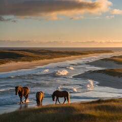 Sunset Whispers: Wild Horses Roaming the Dunes of Sable Island