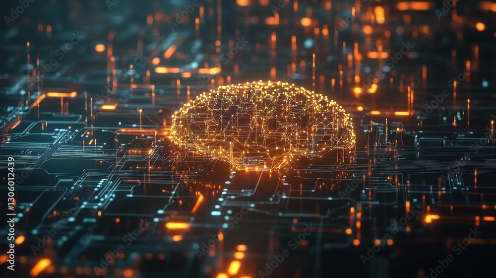 Poster futuristic digital brain icon with interconnected nodes, glowing circuits, and a cybernetic network,