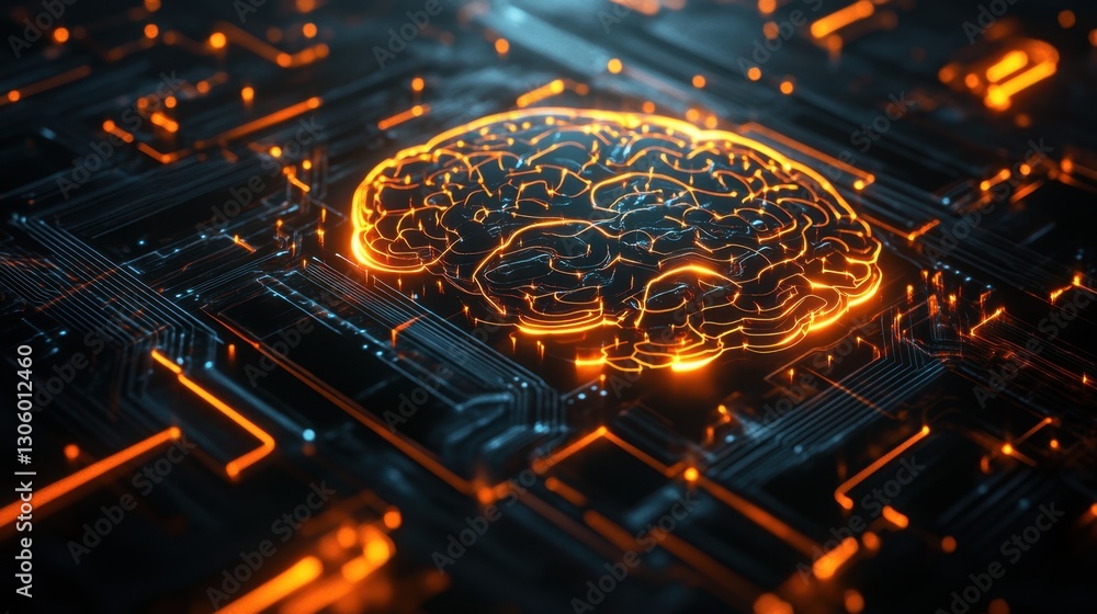 Poster futuristic digital brain icon with interconnected nodes, glowing circuits, and a cybernetic network,