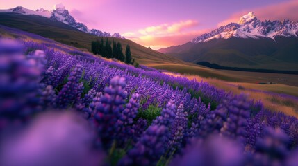 Obraz premium Beautiful colorful wild flowers with snow mountain in Spring.