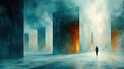 Abstract man walks through concrete columns, lit path, surreal