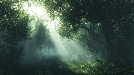 Obraz premium Mystical Morning in Dense Foggy Woods