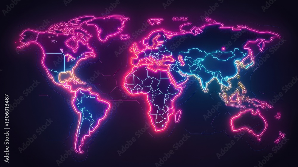 Poster futuristic world map with neon paths linking continents, symbolizing the complexity of global trade 