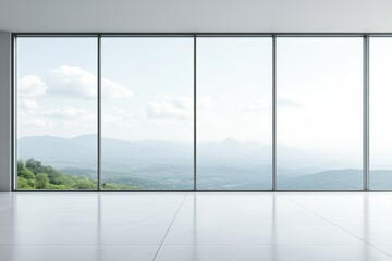 serene landscape view as seen through large panoramic filling space with natural light over minimalistic interior elements