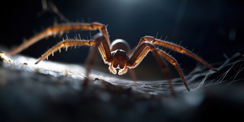 A striking close-up of a spider is artistically illuminated by dramatic lighting, revealing intricate details and showcasing the beauty and mystery of nature's design.