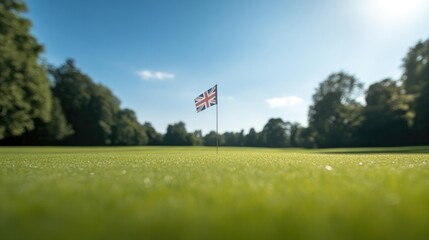 Obraz premium serene park scene with union jack subtly waving in breeze minimal decorations around sunlit space for quiet reflection