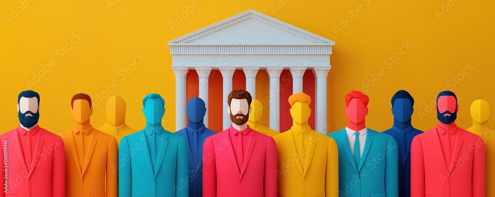 Poster national assembly law making concepts. colorful figures in front of a classical building on a bright