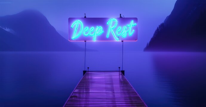Naklejki Neon sign deep rest glowing sky blue purple hovering small wooden dock reaching silent misty fjord