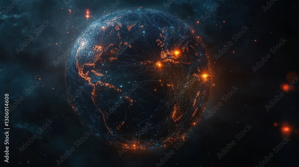 Poster globe with a web of interconnected points, glowing digital data exchange, futuristic technology them