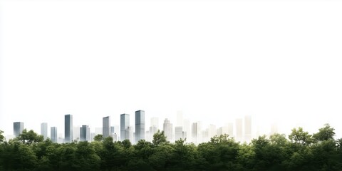Fototapeta premium A captivating image of a city skyline emerging from lush green trees, showcasing the coexistence of urban living and natural beauty in a harmonious balance.