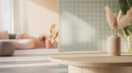 product display image of a light beige wooden table top,  slightly blurred, living room with light gray tile backsplash