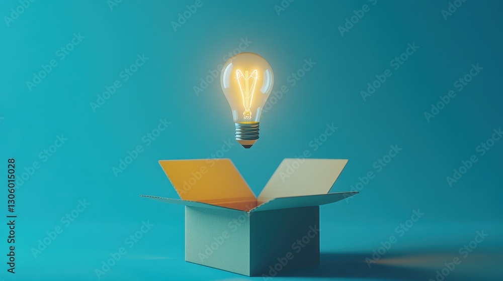 Poster glowing light bulb floating above an open cardboard box on a blue background